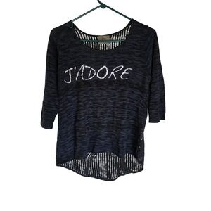 Sweet N Sinful J'ADORE Graphic Knit Sweater‎ Womens Medium Blue Black High Low